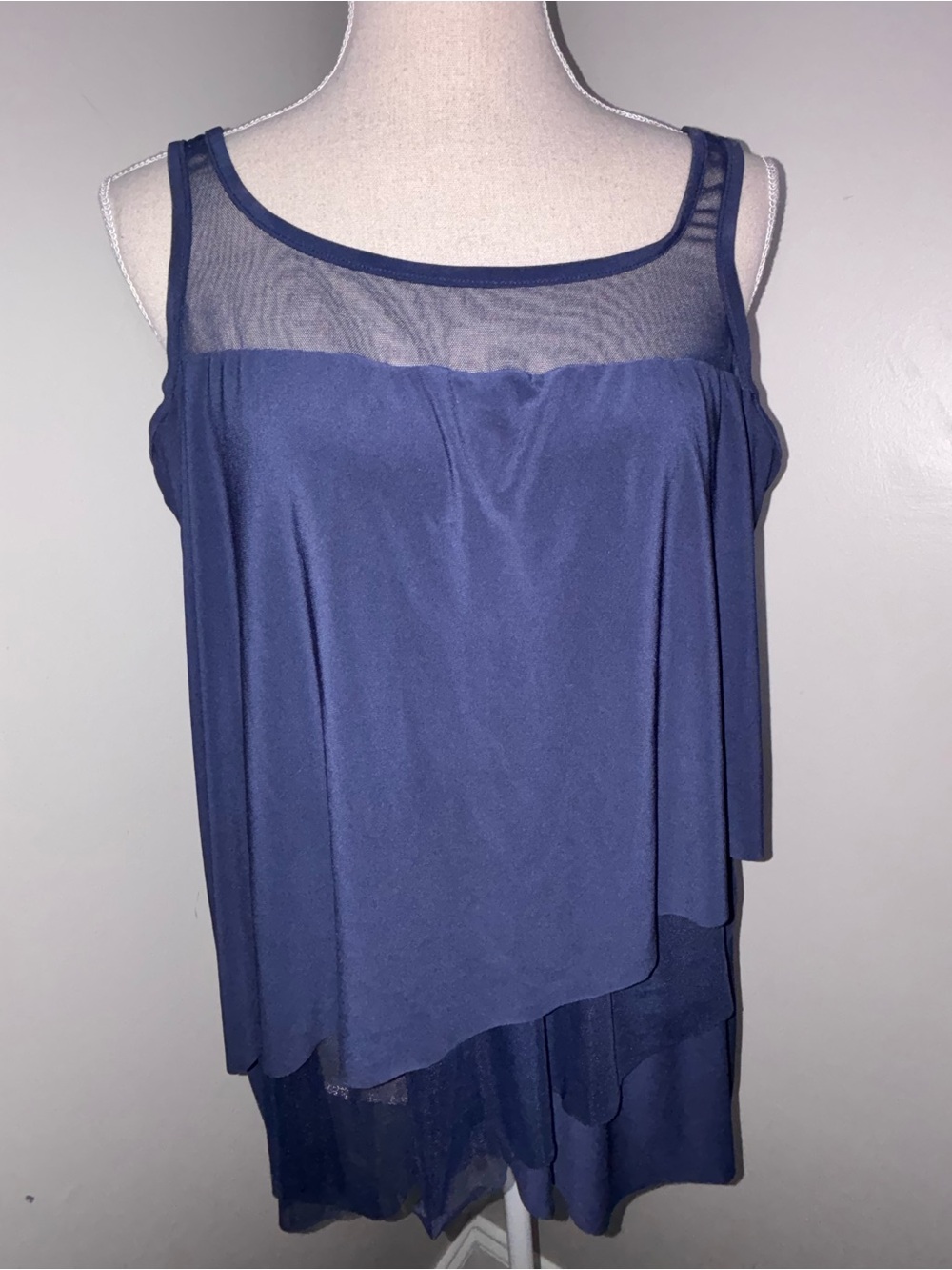 MiracleSuit Mirage navy blue tankini top underwire tiered mesh size 16 CURRENT - Picture 1 of 9